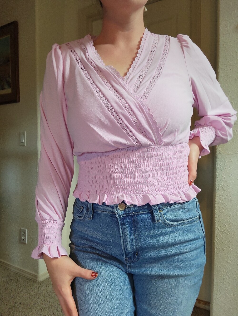 1. State Pink Lace Smock Long Sleeve Top Women's Size S